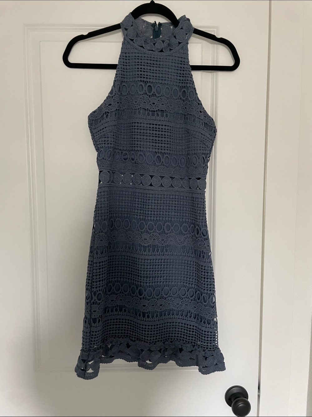 Xenia Boutique Slate Blue Crochet Halter Mini Dress